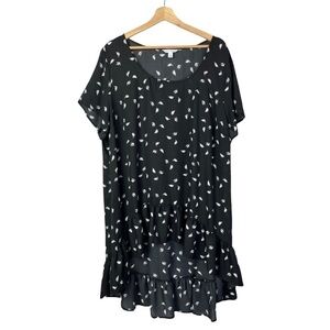 Boutique Black & White Feather Printed High Low Ruffle Hem Short Sleeve Blouse 2